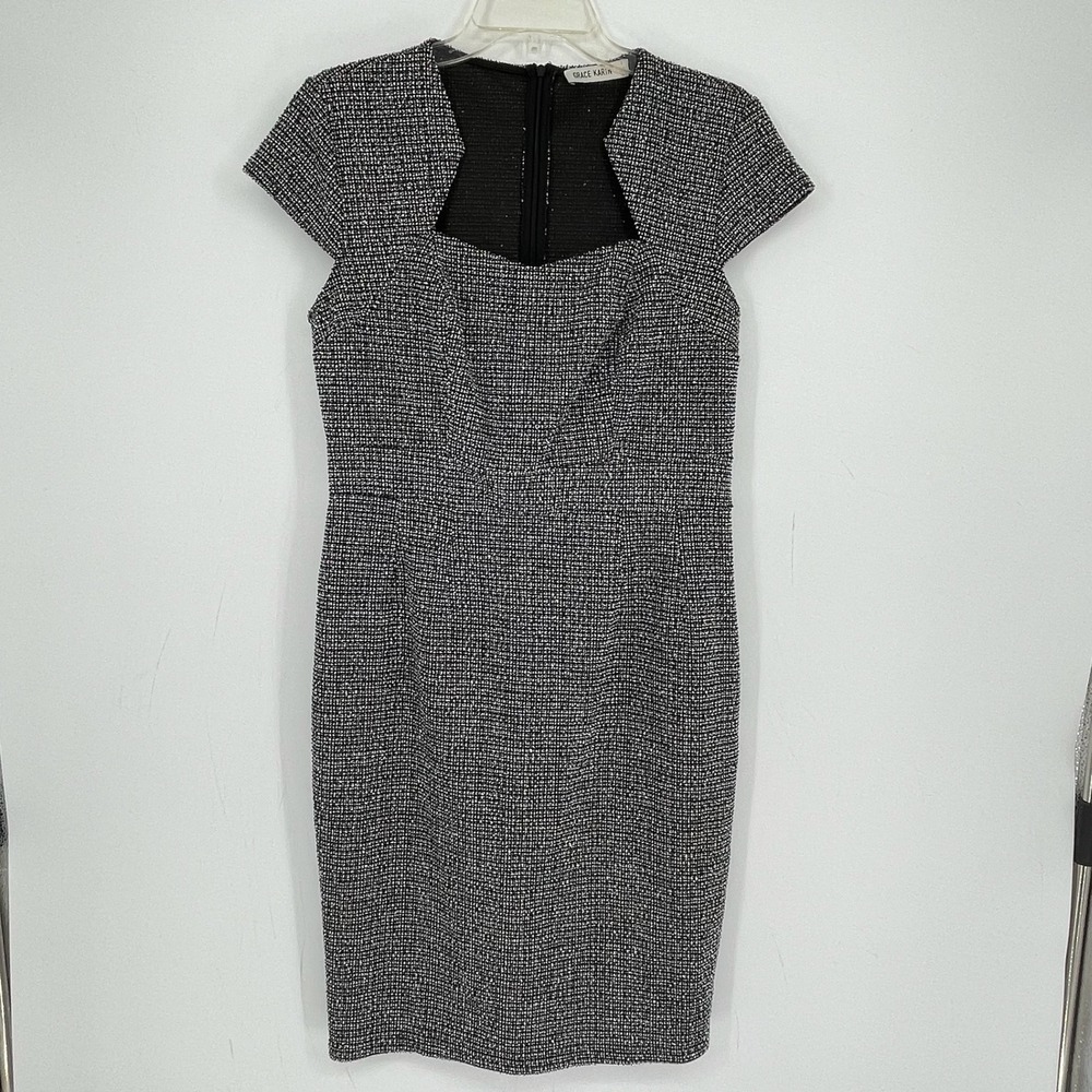 Grace Karin Women's Black Metallic Tweed Notch Neck Office Sheath Dress Size L